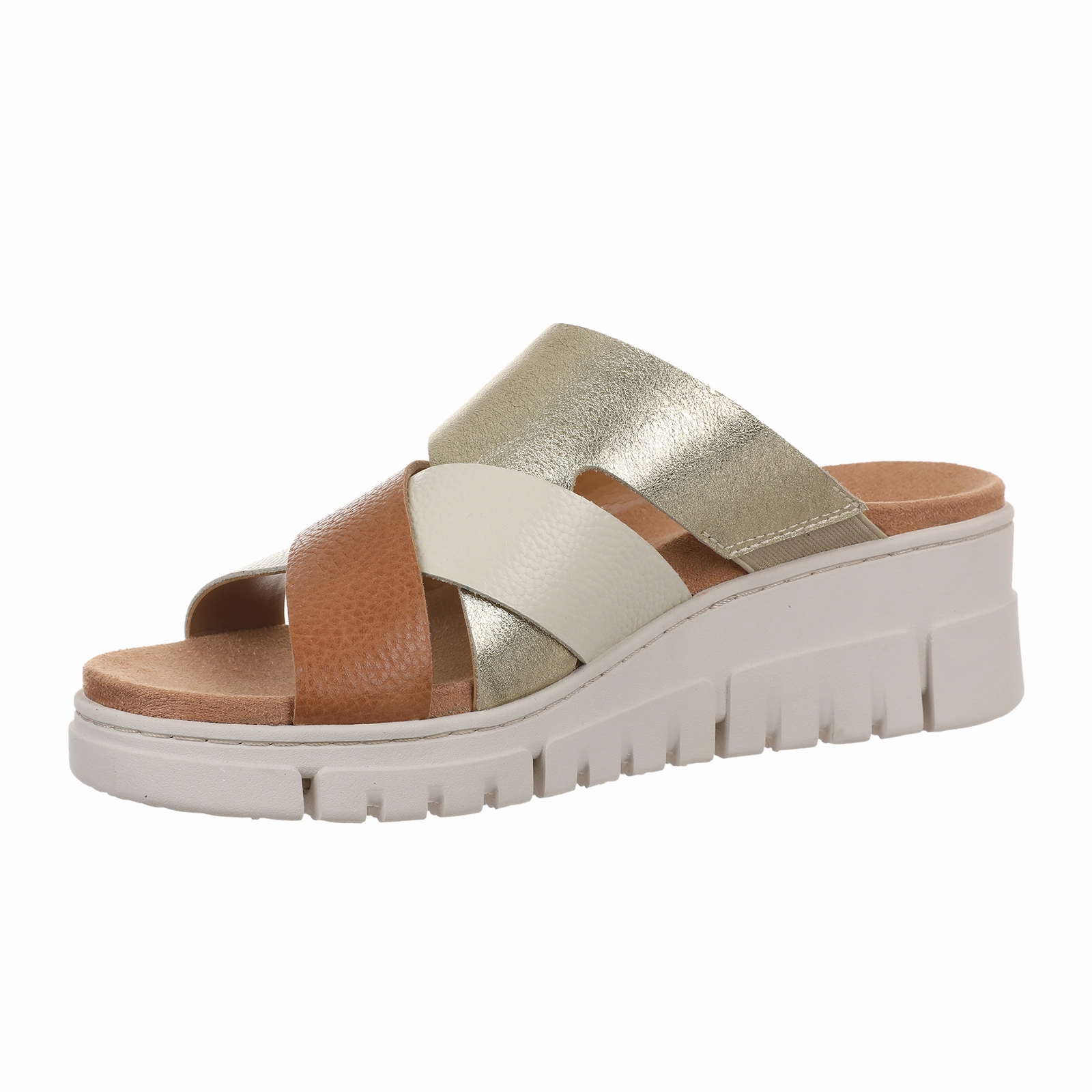 Vionic Uptown Sunset Wedge Sandal (Women) - Tan/Gold Metallic Leather Chill Travel Footwear