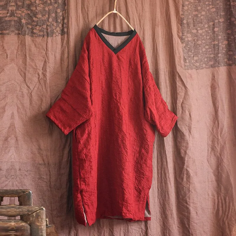 Seasonal Fit Warm Color Block V-Neck Loose Cotton Linen Casual Dresses