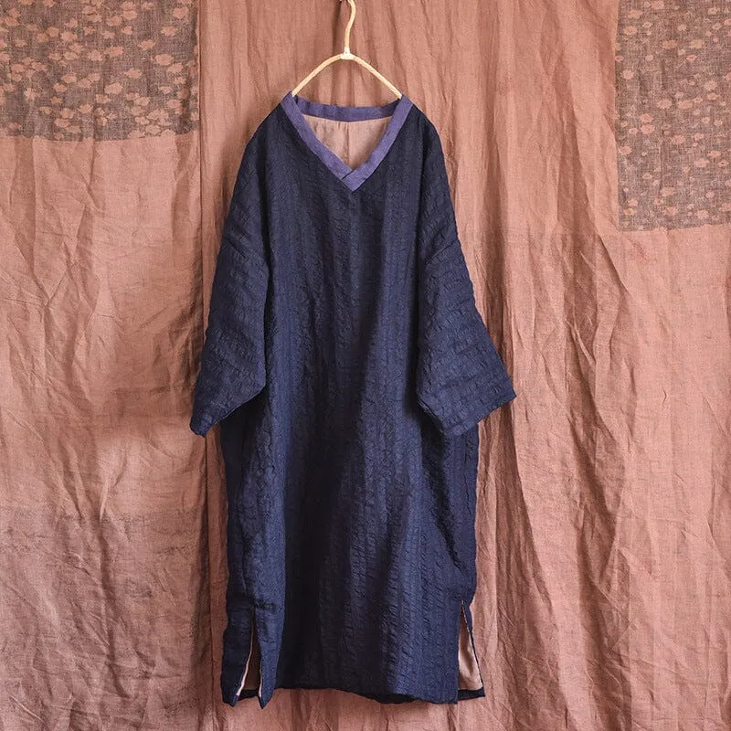 Sculpted Form Warm Color Block V-Neck Loose Cotton Linen Casual Dresses