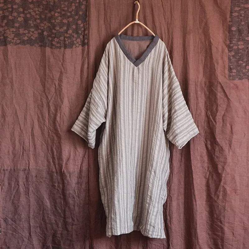 Airy Fit Warm Color Block V-Neck Loose Cotton Linen Casual Dresses