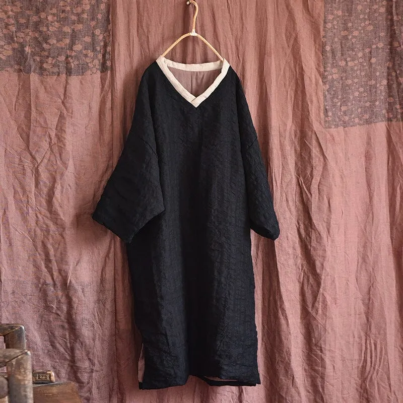 A-Line Fresh Texture Warm Color Block V-Neck Loose Cotton Linen Casual Dresses