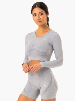 Mesh Panel Details StainResistantFinish Staples Seamless Long Sleeve Top - Grey Marl