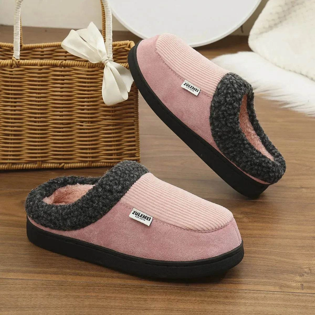 Fashion Solid Striped Cotton Slippers Winter Warm Indoor Bedroom Floor Slipper For Couples Non-slip Thick Sole House Shoes Snow Trail Walking