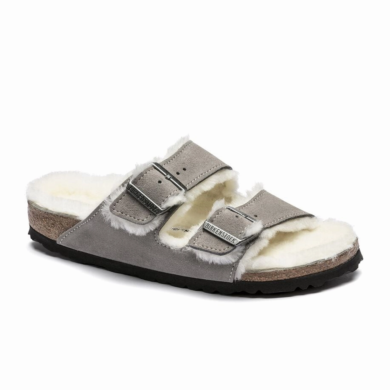 Birkenstock Arizona Slide Sandal (Women) - Stone Coin Suede/Natural Shearling Chill Fit Shoes Slip Off
