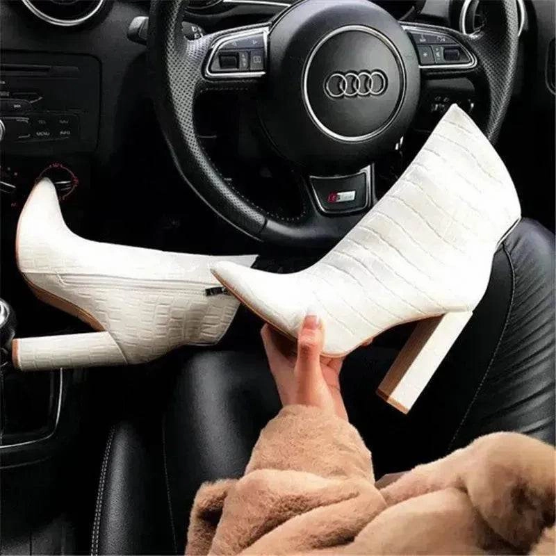 Snow Treading Cozy Women Shoes High Heels Leather White Ankle Boots