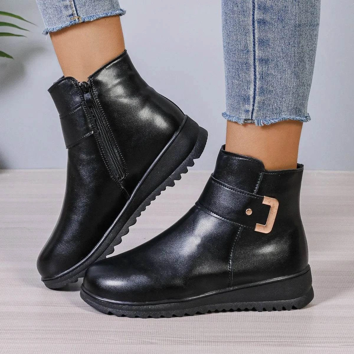 Winter Fleece Boots With Side Zipper Design Fashion Simple Non-slip Ankle Boots For Women Warm Pu Leather Shoes Snow Adventure Gear