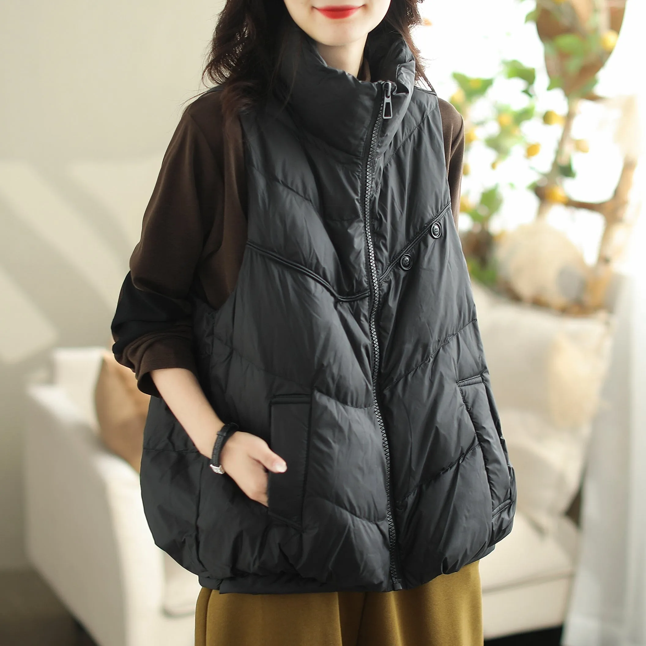Women Autumn Winter Loose Duck Down Warm Vest Modular Layering Compatibility