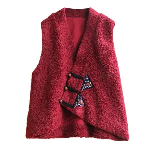 Party environment Women Embroidered Button- Up Warmth Sherpa Vests