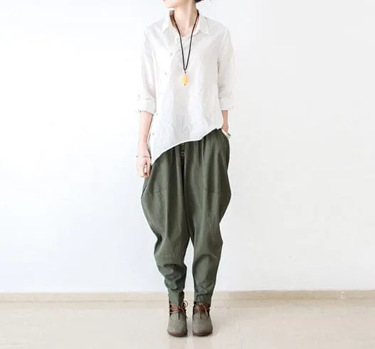 Women Loose Cotton Linen Harem Pants HighRiseWaistband