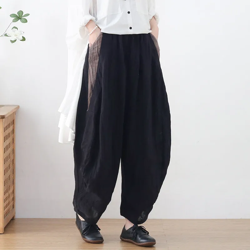 Layered Style Women Loose Crinkled Color Block Linen Pants