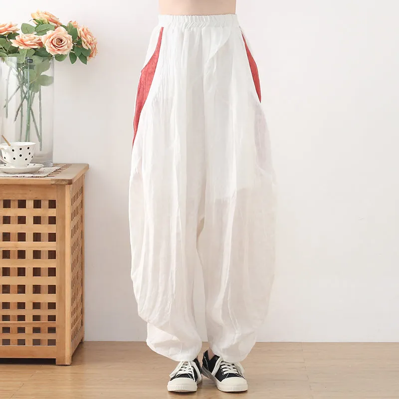Women Loose Crinkled Color Block Linen Pants Fashionable Appeal