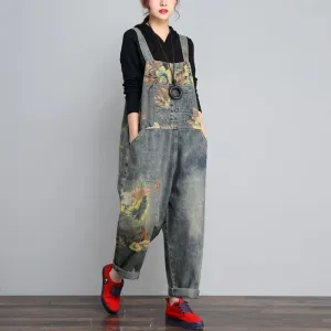Women Loose Retro Printed Denim Jumpsuits Dynamic Casual