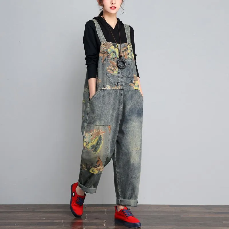 Women Loose Retro Printed Denim Jumpsuits Dynamic Casual