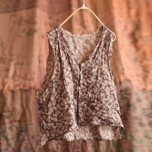 Multi Pocket Layout staple Women Retro Floral Linen Loose Vest