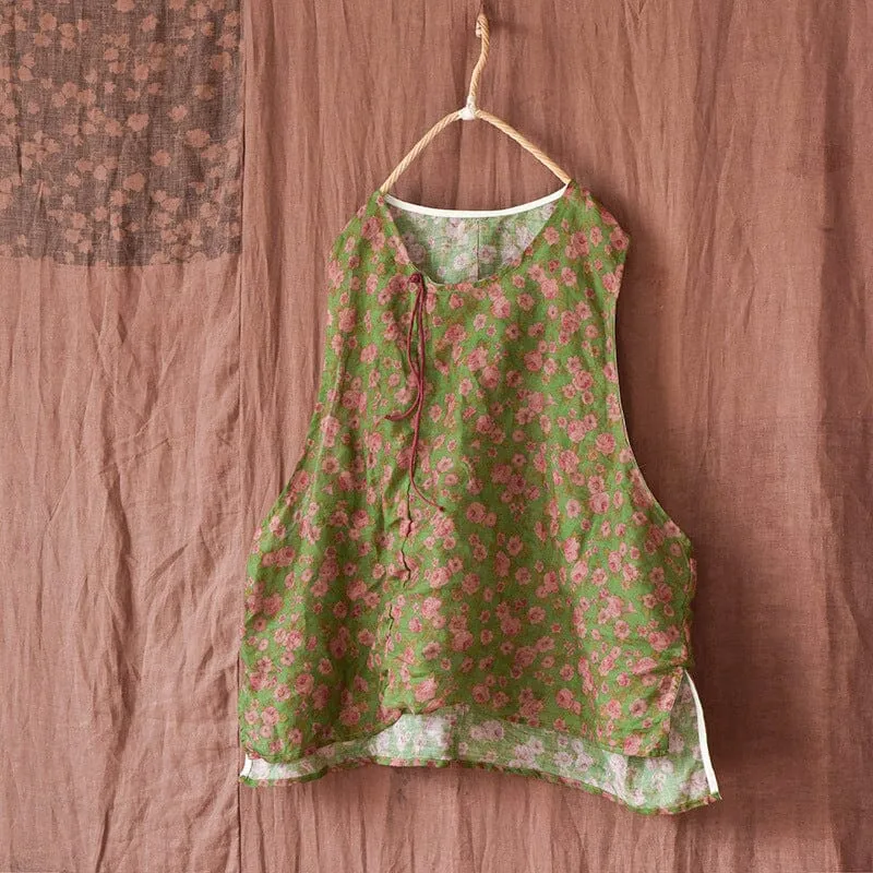 Women Retro Floral Printed Ramie Vest in demand