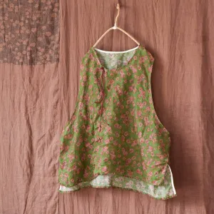 Women Retro Floral Printed Ramie Vest in demand