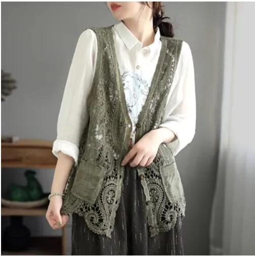Women Retro Hollow Lace Cotton Vest Honor