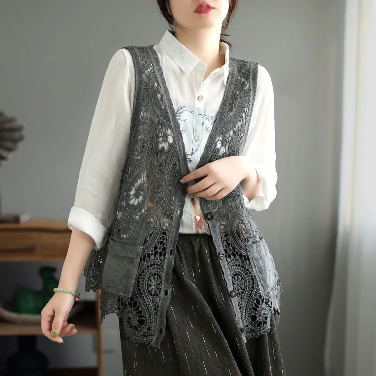 Women Retro Hollow Lace Cotton Vest Custom - made