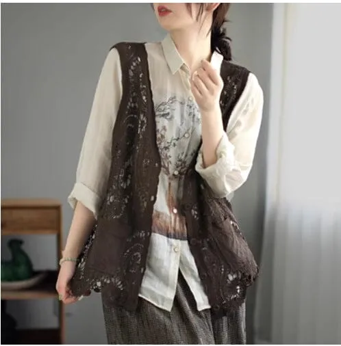 slim size Tight Fit Women Retro Hollow Lace Cotton Vest