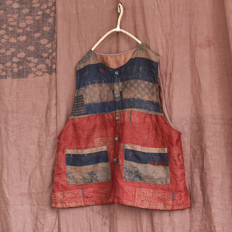 Bad Women Retro Patchwork Linen Loose Vest