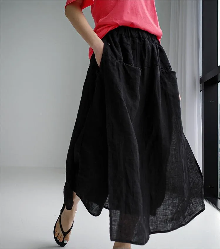 Women Slit Cotton Linen Wide Leg Cropped Pants Base Layer