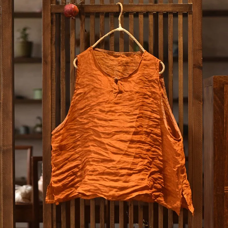 Women Spring Retro Crinkled Loose Linen Vest flexible in movement muted tone