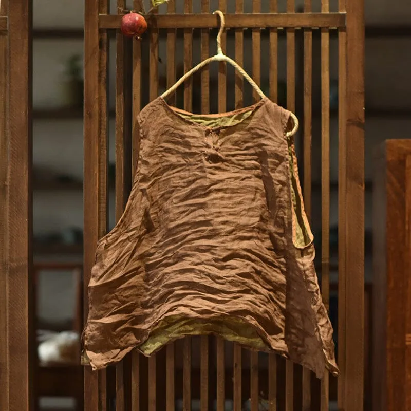 Women Spring Retro Crinkled Loose Linen Vest Unisex Elastic