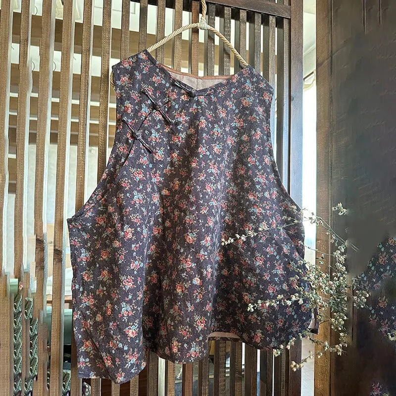 Women Spring Retro Floral Print Loost Vest Small Bold Design