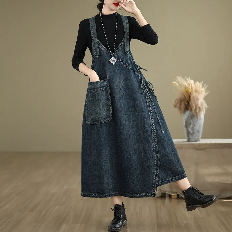 Casual Fit Women Spring Retro Loose Denim Pinafore Dress with Big Pockets