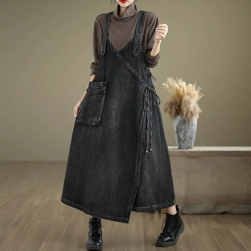 Minimalist Look Women Spring Retro Loose Denim Pinafore Dress with Big Pockets