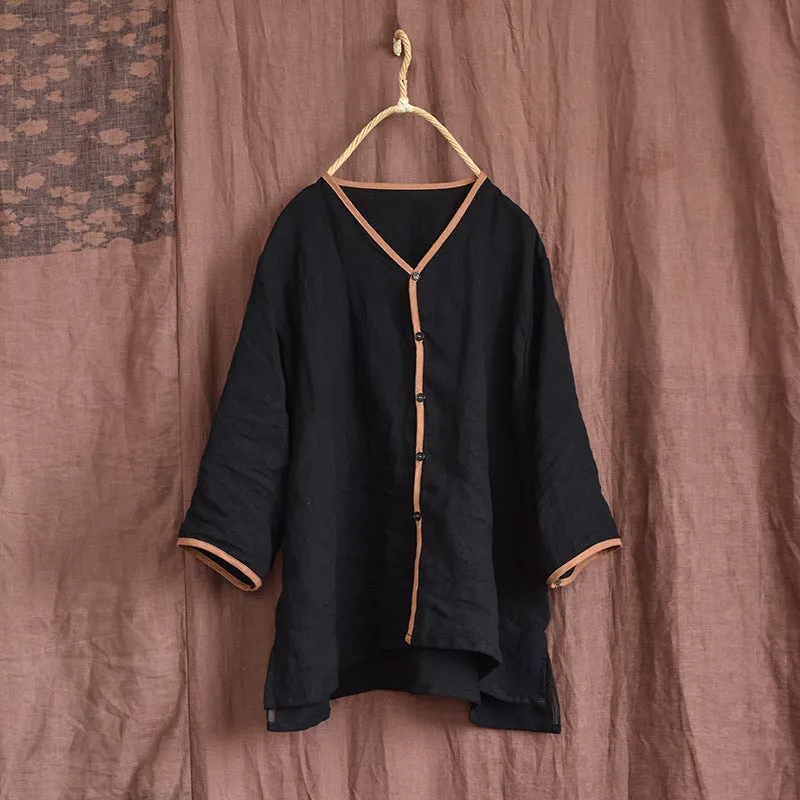 Women Spring Summer Cotton Linen Retro Blouse Comfort Stretch Patterned Texture