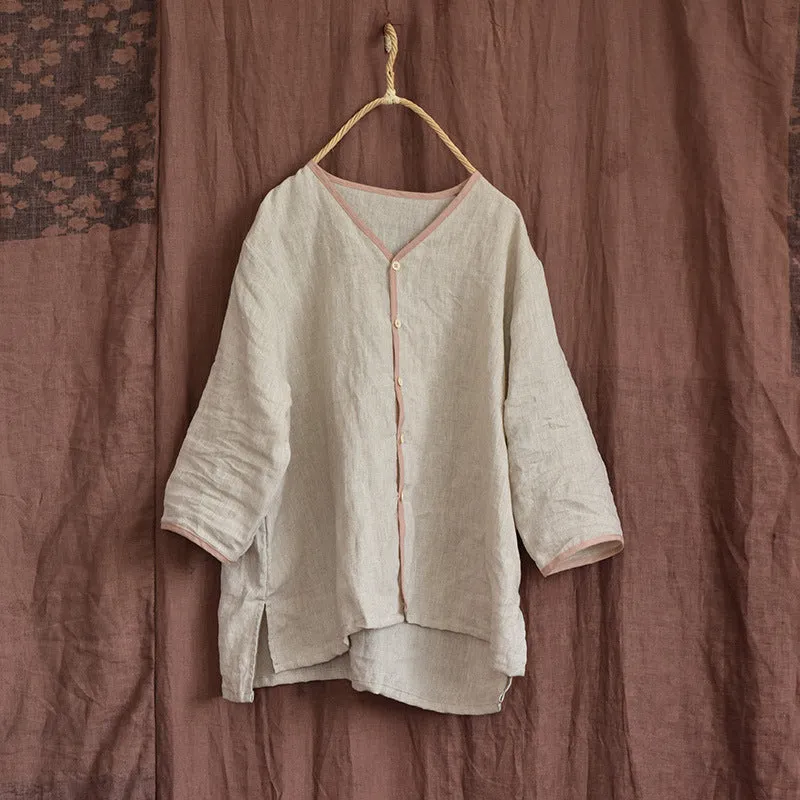 Travel Essential Women Spring Summer Cotton Linen Retro Blouse
