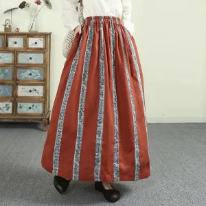 Women Spring Vintage Linen Patchwork Floral Color-Block Skirt Adjustable Closure
