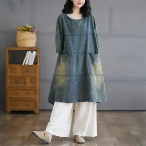 Women Spring Vintage Patchwork Denim Dress with Pockets Fashionable Wear