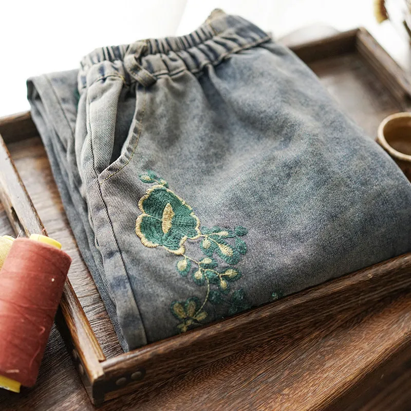 Women Summer Denim Embroidery Denim Pants Quick Fit