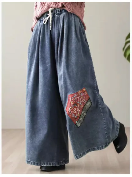 Women Summer Embroidery Denim Pants ripstop fabric Thermal Lining