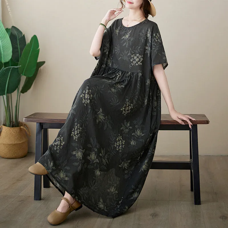 Water-Repellent-Finish Modern Design Women Summer Loose Retro Floral Printed Dress