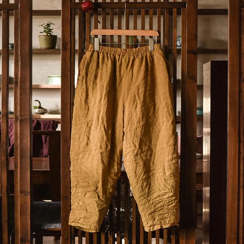 Side zipper Smooth Fit Lining Women Winter Retro Pleated Loose Linen Quilted Pants