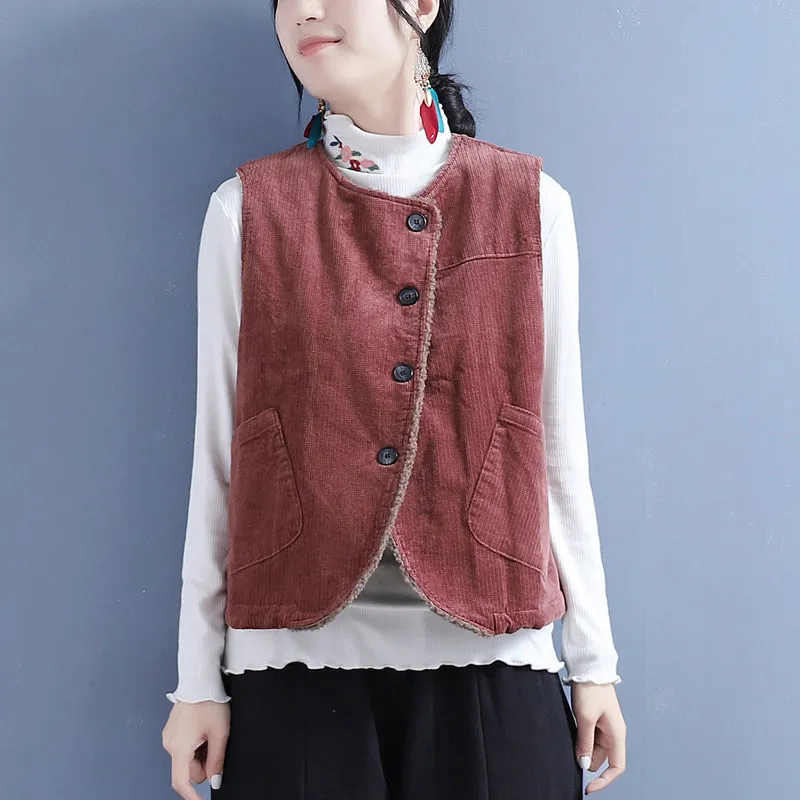 Flat Lock Stitching Women Winter Retro Woolen Loose Vest