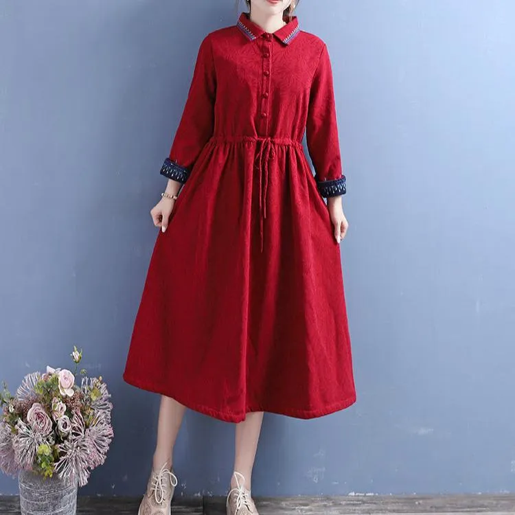 Women Winter Vintage Cotton Linen Embroidered Floral Fleece-Lined Dress Art Soul Light Finish
