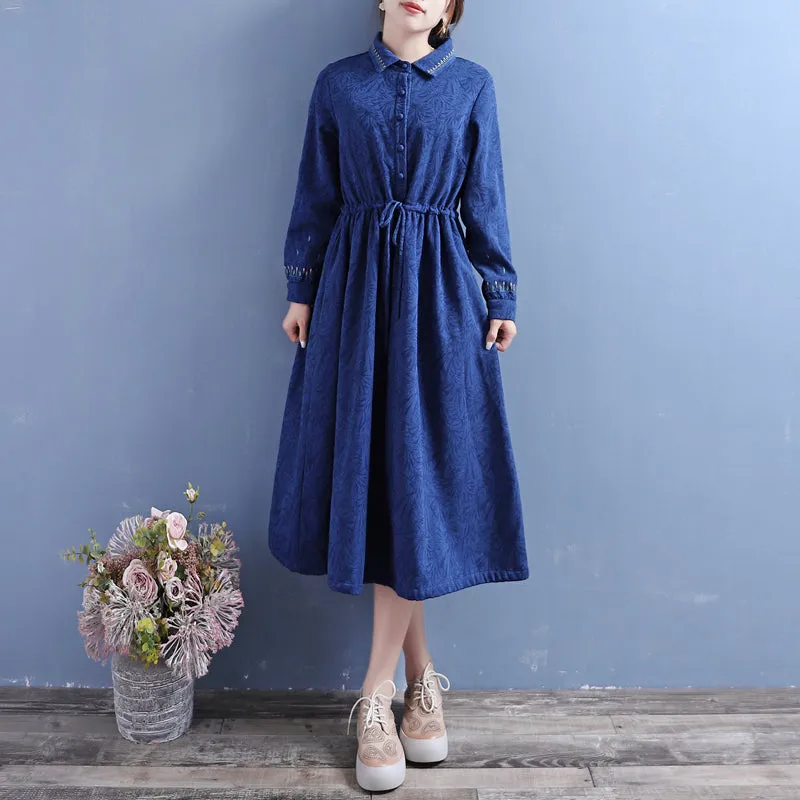 Women Winter Vintage Cotton Linen Embroidered Floral Fleece-Lined Dress BreathableLining