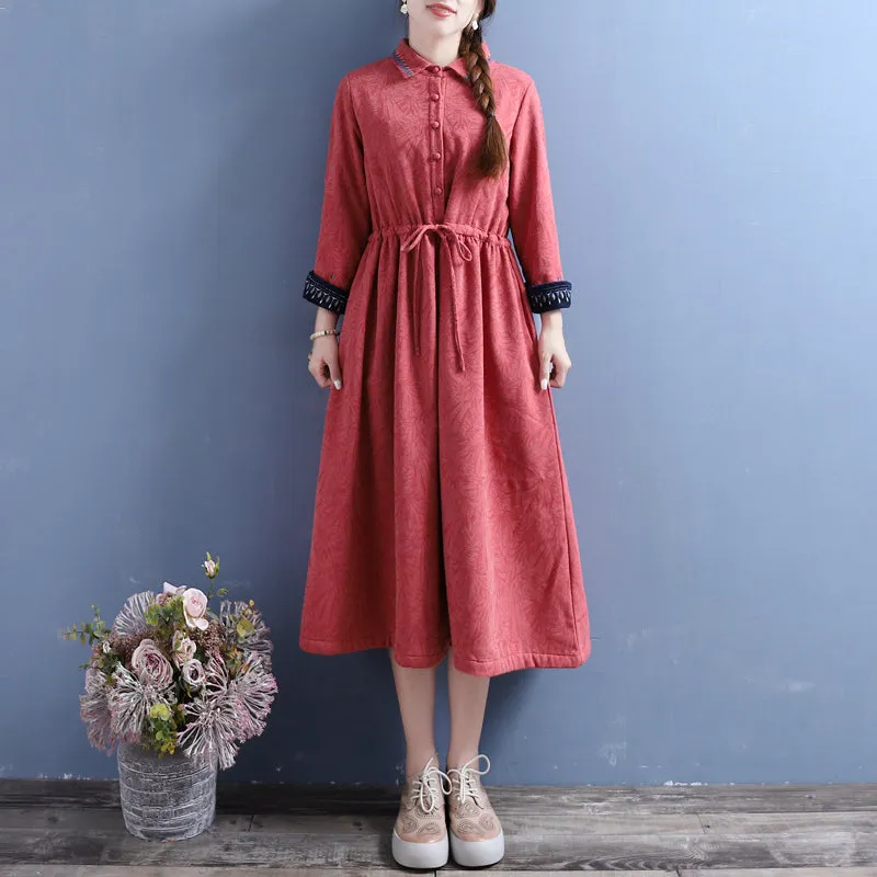 Light Comfort Metallic Finish Women Winter Vintage Cotton Linen Embroidered Floral Fleece-Lined Dress