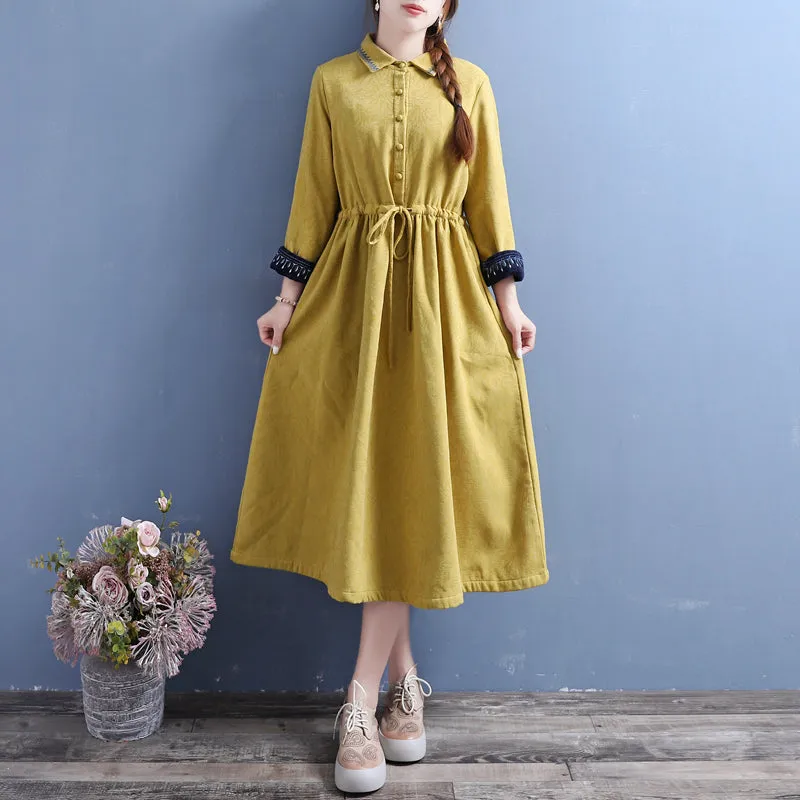 Women Winter Vintage Cotton Linen Embroidered Floral Fleece-Lined Dress Villa Mood Balanced feel