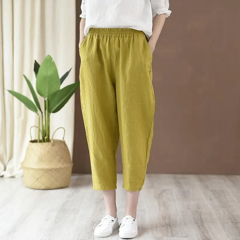 Unisex style Babakud Women Cotton And Linen Casual Cropped Pants