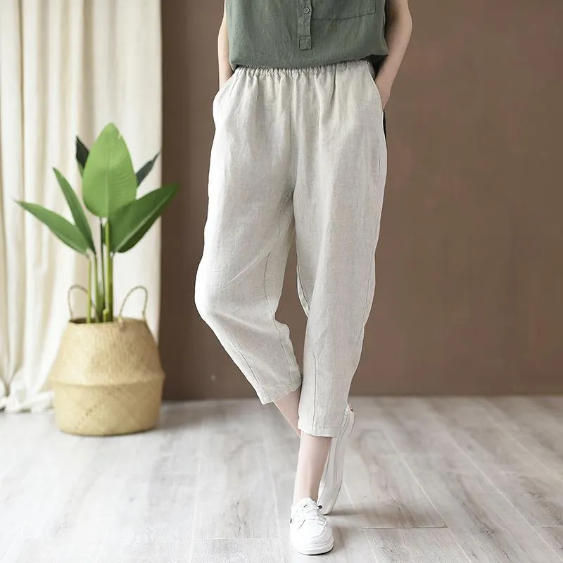 Babakud Women Cotton And Linen Casual Cropped Pants Stretchable Design