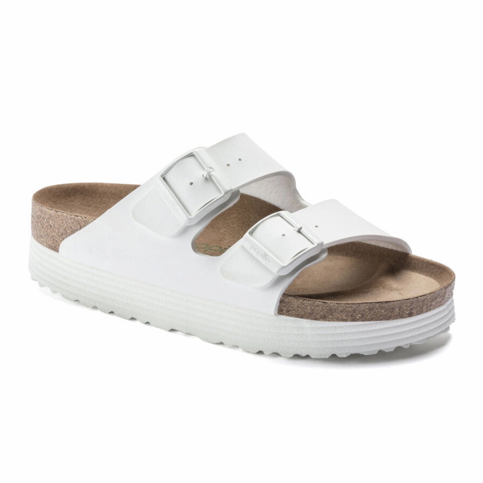 Travel Ready Birkenstock Arizona Grooved Vegan Platform Slide Sandal (Women) - White Birko-Flor