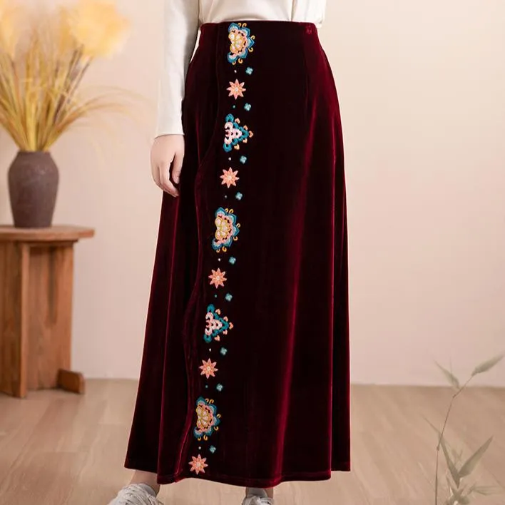 color block Comfort Waistline Women Autumn Floral Embroidered Velvet A- Line Skirt