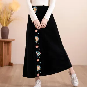 Women Autumn Floral Embroidered Velvet A- Line Skirt Versatile Fit Foldable Design