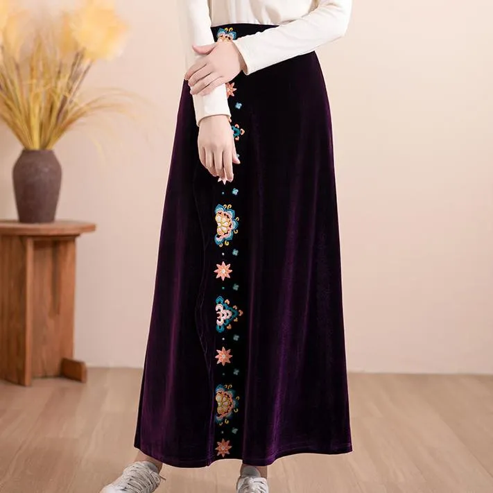 Women Autumn Floral Embroidered Velvet A- Line Skirt Trendy Outfit